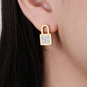 Gold plated stainless steel lock stud earrings